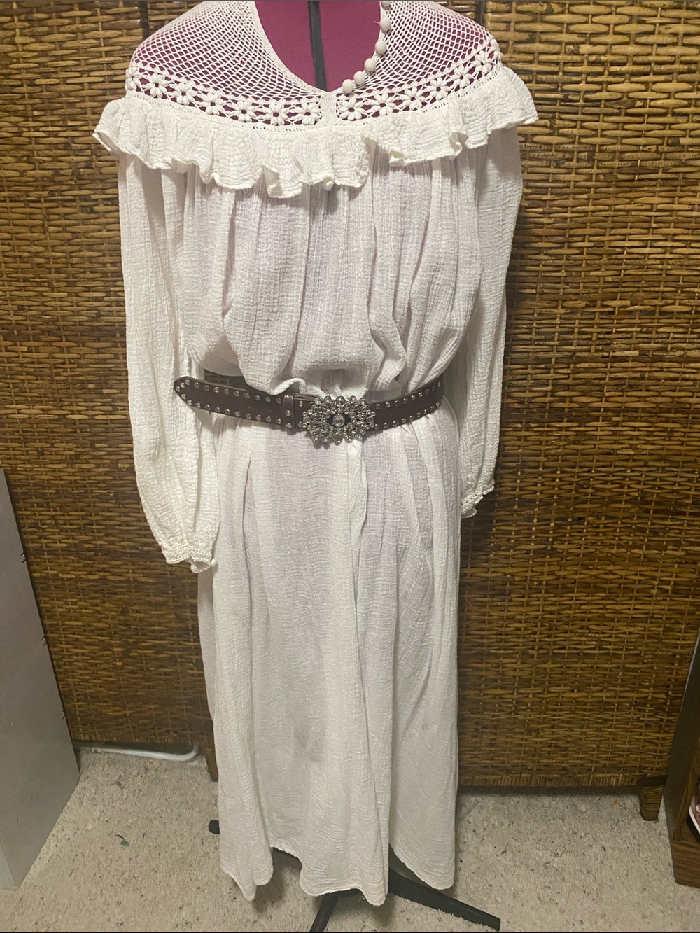 Vtg BALKAN George GEORGIOU made in Cyprus cotton Boho crochet detail long dress